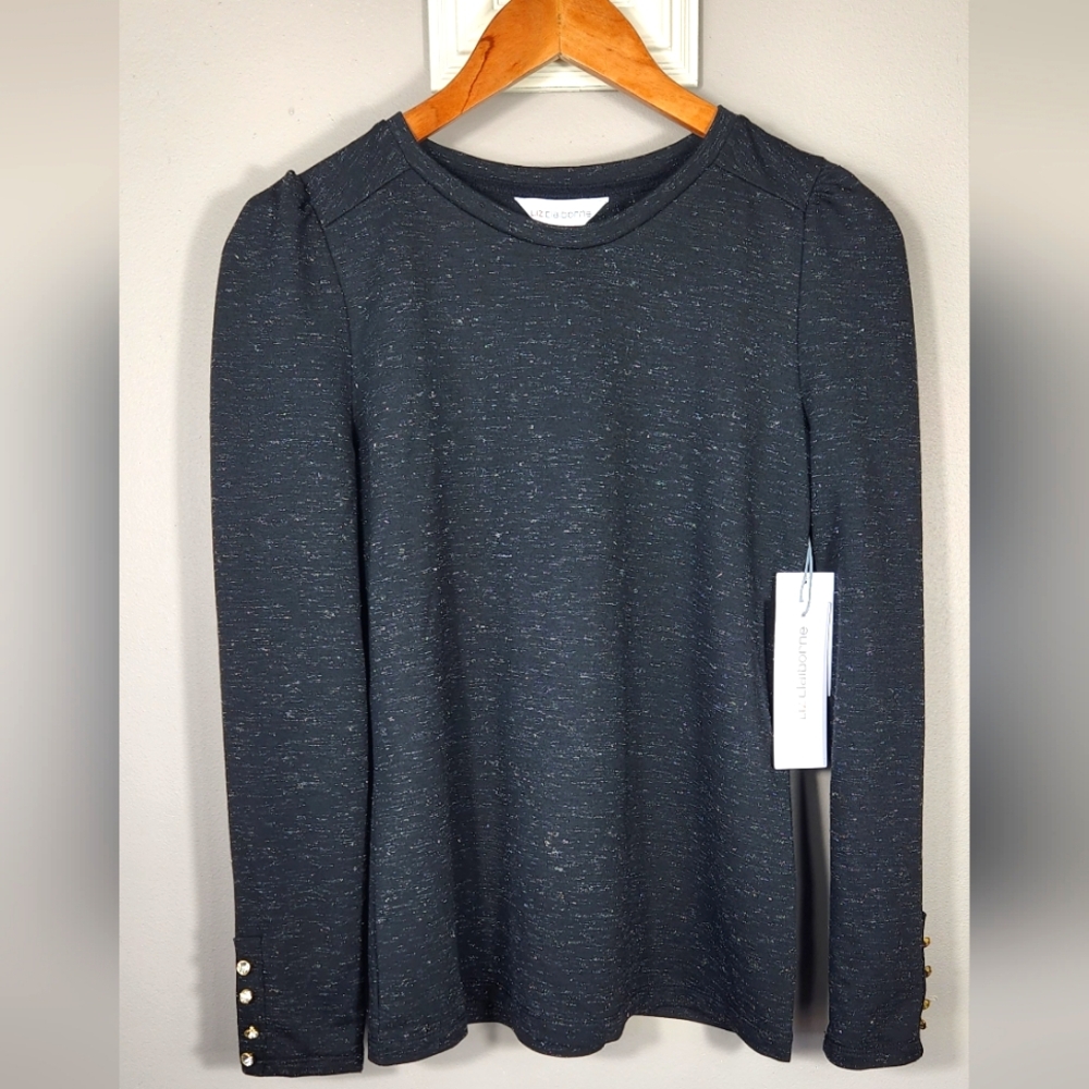 Liz Claiborne NWT Black Silver Long Sleeve Top with Gold Shiny Button Accents XS